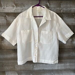 H&M White 100% Linen Short Sleeve Crop Button-Up